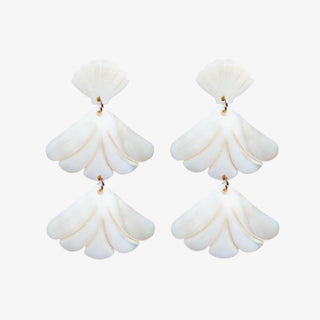 White shell drop earrings lightweight mermaid style tiered design front view