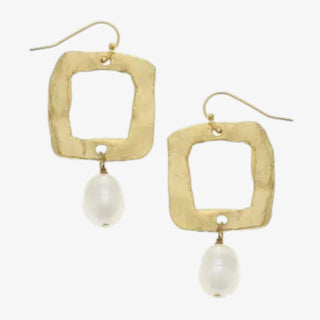 Susan Shaw gold square pearl drop earrings with textured gold frame and freshwater pearl accent on white background front view