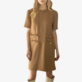 Evelyn Tweed Dress in Camel with short sleeves and gold button front pockets.