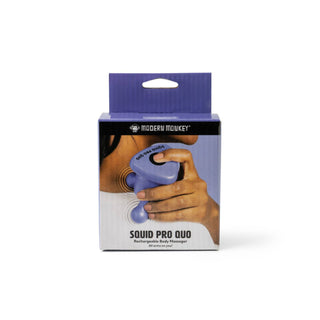 Package of Squid Pro Quo rechargeable body massager with hand holding product on a white background