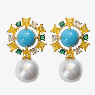 Pearl drop earrings with colorful crystal halo vintage glam statement front view