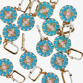 Blue Capri tile drop earrings with enamel charm and white hoop detail front product view