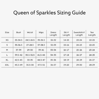 Queen of Sparkles Sizing Guide Graph in sizes xs-xxl on a white background