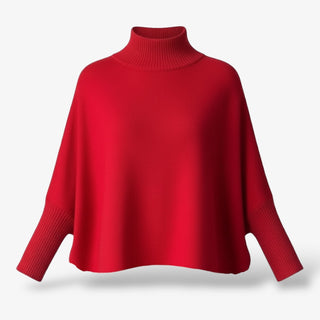 Red turtleneck sweater on a light gray background