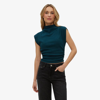 Michael Stars Amara Mock Neck Top in rainforest with power shoulder sleeves and ribbed fitted silhouette