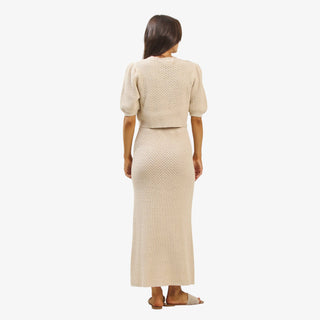 Neutral applique sweater set with cropped knit top and floral midi skirt