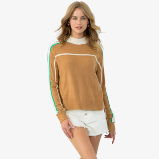 Camel sweater with green and white stripe sleeves and mock neckline