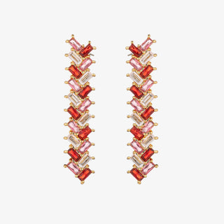 Emily red crystal dangle earrings with baguette-cut stones in gold-tone setting