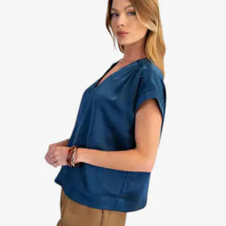 Deep teal satin v-neck blouse with short sleeves and relaxed fit