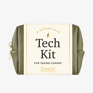 Olive green tech essentials kit with eight tools including charger, cable, stand, webcam cover, cleaning cloth, and organizing accessories