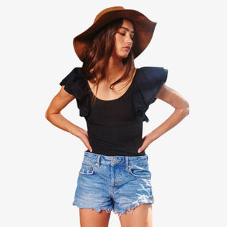 Black ruffle shoulder ribbed bodysuit for women