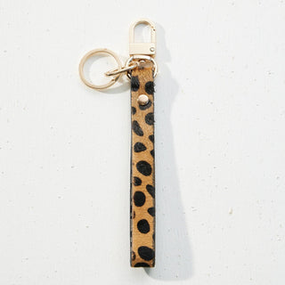 Genuine Leather Wristlet Keychain with gold hardware and animal print design