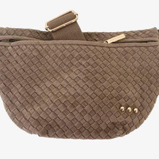 Taupe suede woven Westlyn Bum Bag with adjustable strap and gold hardware displayed on a white background.