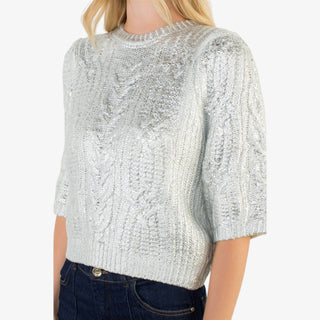 White cable knit short sleeve sweater with puff sleeves and classic textured knit