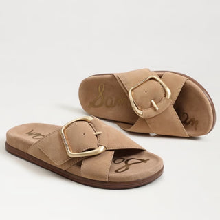     Sam Edelman Darla flat slide sandals in camel suede angled side and top product view