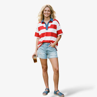 Americana striped oversized collared top casual summer outfit