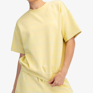 Striped Scuba Top in Butter Yellow with white stripes, short sleeves and matching shorts, model front view