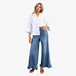 high rise wide leg jeans with ruffle hem detail womens statement denim pants with flare leg and feminine ruffle ankle design