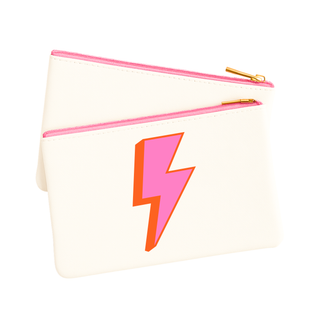 Lightning bolt cosmetic bag with pink zipper and gold hardware angled side product view