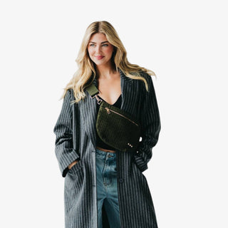 Suede Westlyn Bum Bag in Olive with woven texture and gold zipper