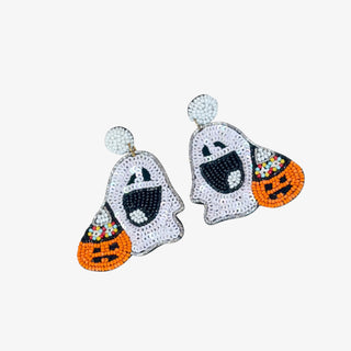 Beaded ghost earrings with white sequins, black details, and orange pumpkin pail accents