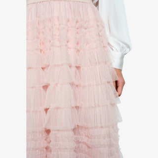 Light blush tiered tulle maxi skirt with layered ruffles and elastic waistband