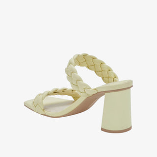 Paily Heels in light yellow with braided double straps and square open toe.