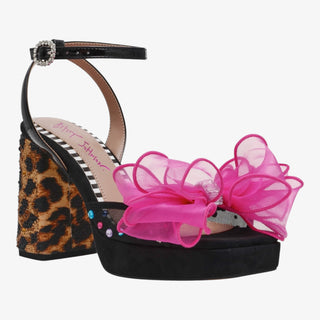 Betsey Johnson Palloma Heel with pink organza bow, jeweled ankle strap, and leopard block heel platform sandal for statement style.