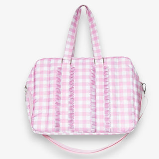 Pink and white checkered bag on a white background