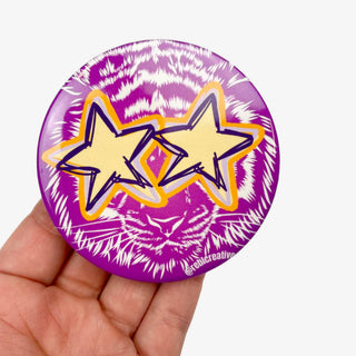 3-inch All Star Tiger game day button featuring a purple tiger wearing gold star sunglasses, front view