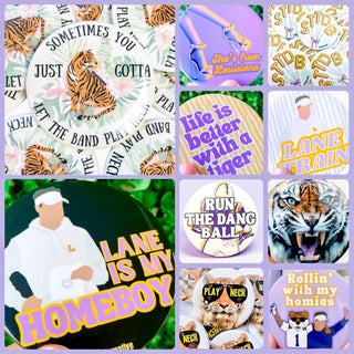 Assorted 3-inch game day buttons with Louisiana, tiger, football and purple and gold designs in a collage cover view