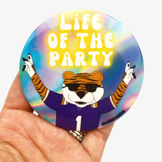 3-inch Life of the Party game day button featuring a tiger mascot in sunglasses and a purple jersey on a colorful background, front view