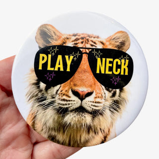 3-inch Play Neck game day button featuring a tiger wearing black sunglasses with purple and gold lettering, front view