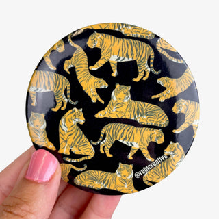 3-inch Tiger Lounge Black game day button with an allover gold tiger pattern on a black background, front view