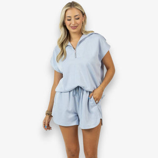 blue lounge set drawstring shorts pocket detail casual wear angled view
