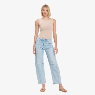 Light wash barrel jeans with high rise waist and curved leg fit
