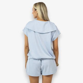 blue lounge set short sleeve top matching shorts back view