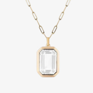 Crystal emerald cut pendant necklace with gold paperclip chain waterproof non tarnish layering necklace