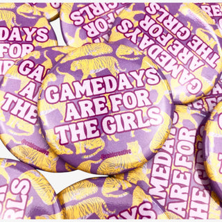 Purple and gold Gameday Girls button with tiger print and slogan "Gamedays Are For The Girls"