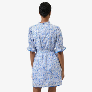 Blue floral mini dress puff sleeve waist tie ruffle detail front view
