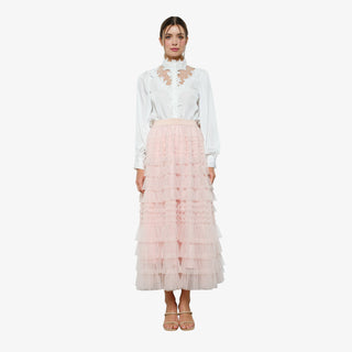 Light blush tiered tulle maxi skirt with layered ruffles and elastic waistband