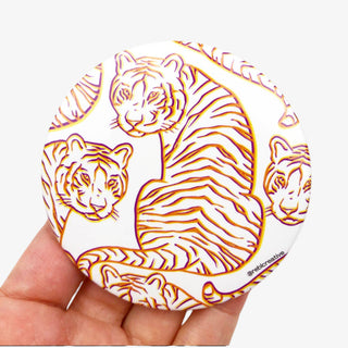 Sassy Tigers Button with orange and purple tiger face and stripe design, round accessory for Game Day style