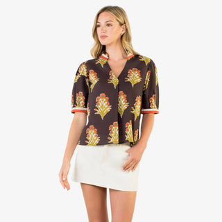 Brown floral blouse with short sleeves and split neckline