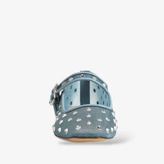 mary jane flat with rhinestone stud details and buckle strap on a white background