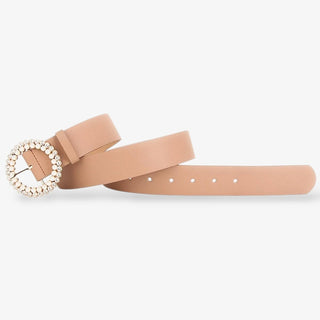Beige leather belt featuring a round rhinestone buckle with gold accents, adding a touch of sparkle and elegance to casual or dressy outfits.