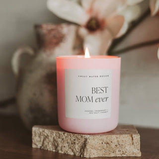 Best mom ever candle blush pink jar floral scent gift lit front view