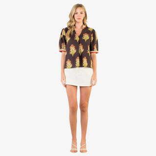Brown floral blouse with short sleeves and split neckline
