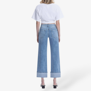 Classic Light wash cuffed slim wide leg jeans back view 