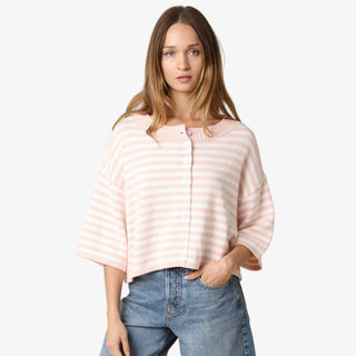 Pink and white striped knit top with button front detail and relaxed fit front view