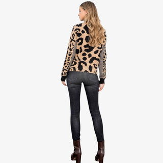 Leopard colorblock mock neck sweater with tan animal print front and grey contrast sleeves